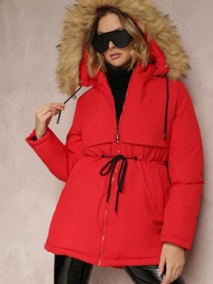 Czerwona Kurtka Parka z Kapturem z Futerkiem Bimi