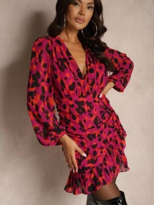 Czerwona Marszczona Taliowana Sukienka w Panterkę z Kopertowym Dekoltem na Zatrzask z Falbanami Sintleia retro & icone