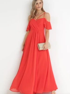Czerwona Maxi Sukienka o Rozkloszowanym Fasonie na Cienkich Skrzyżowanych Ramiączkach Hendina
