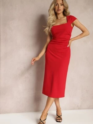 Czerwona Midi Sukienka z Kwadratowym Dekoltem Linerana