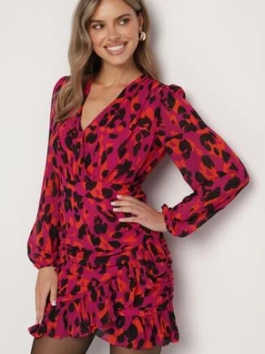 Czerwona Panterkowa Kopertowa Sukienka Ozdobiona Marszczeniem i Falbaną Valentica retro & icone