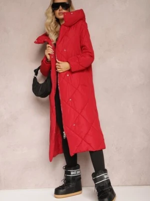 Czerwona Pikowana Kurtka Płaszcz za Kolano z Kapturem Kinassan j.style