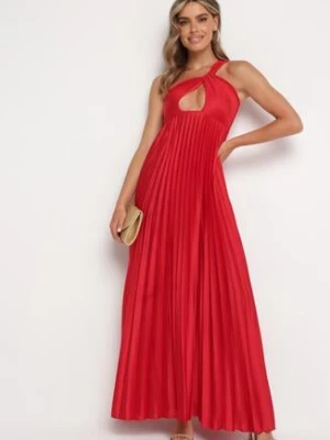 Czerwona Plisowana Sukienka na Jedno Ramię z Gumką w Pasie Elasha