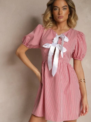 Czerwona Retro Sukienka w Kratkę Vichy o Rozkloszowanym Kroju z Wiązaniem Temarea Lovery