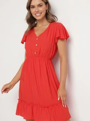 Czerwona Rozkloszowana Bawełniana Sukienka z Guzikami i Falbanami Natinema defox