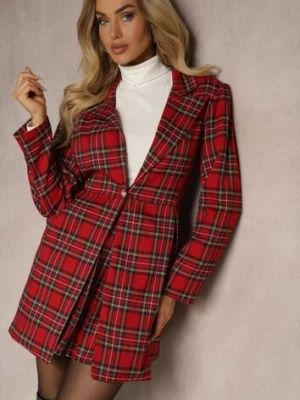 Czerwona Rozkloszowana Marynarka w Kartkę Zapinana na Ozdobny Guzik Delathria new collection