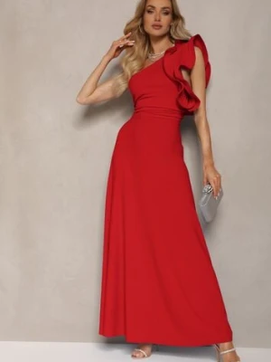 Czerwona Rozkloszowana Sukienka Asymetryczna z Dużymi Falbanami przy Ramionach Cevada allyson