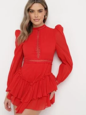 Czerwona Rozkloszowana Sukienka Kombinezon Mini z Falbankami Gilha