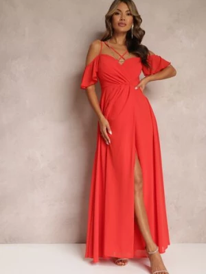 Czerwona Rozkloszowana Sukienka Maxi o Kopertowym Fasonie na Cienkich Ramiączkach Burwena
