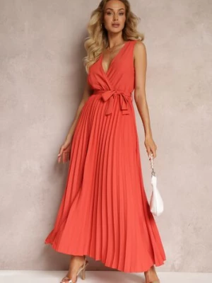 Czerwona Rozkloszowana Sukienka Maxi z Plisowanym Dołem i Gumką w Talii Sare