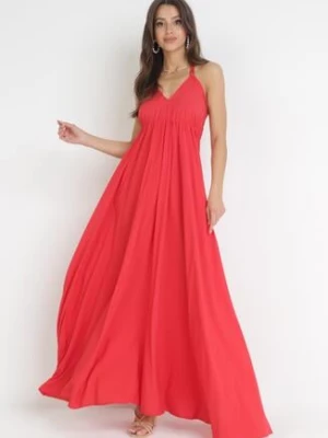 Czerwona Rozkloszowana Sukienka Maxi z Wiązaniem na Szyi Cathenia