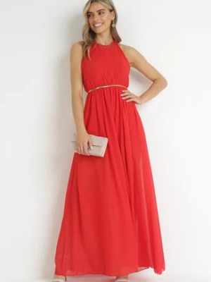 Czerwona Rozkloszowana Sukienka Maxi z Wiązaniem na Szyi i Gumką w Pasie Mackenta