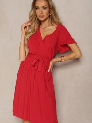 Czerwona Rozkloszowana Sukienka Midi z Wiązanym Paskiem Elemia cflo