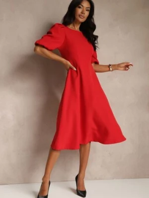 Czerwona Rozkloszowana Sukienka Ozdobiona Bufiastymi Rękawami Melianis lovery