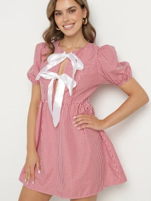 Czerwona Rozkloszowana Sukienka w Kratkę Vichy w Stylu Retro z Wiązaniem Telionea Lovery