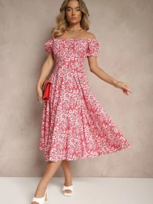 Czerwona Rozkloszowana Sukienka w Kwiatowy Print z Bawełną i Dekoltem Łódką z Bufkami Saniren wei wei