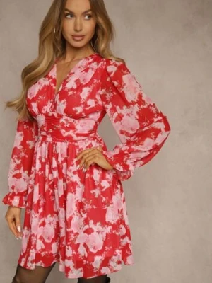 Czerwona Rozkloszowana Sukienka w Print Florystyczny Awerdia retro & icone