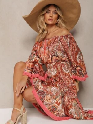 Czerwona Rozkloszowana Sukienka w Print Paisley z Frędzelkami i Hiszpańskim Dekoltem Jotalle