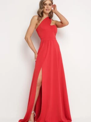 Czerwona Rozkloszowana Sukienka z Asymetryczną Górą i Wiązaniem na Ramieniu z Rozcięciem Efirey