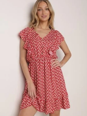 Czerwona Rozkloszowana Sukienka z Bawełny w Kwiaty z Guzikami Ronelle defox
