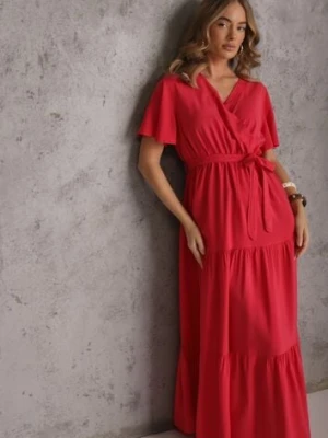 Czerwona Rozkloszowana Sukienka z Falbanką i Wiązanym Paskiem Adotine cflo