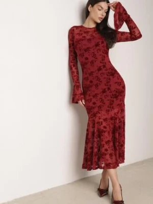 Czerwona Siateczkowa Sukienka Koktajlowa VICES z Welurowym Wzorem w Kwiaty Azimene
