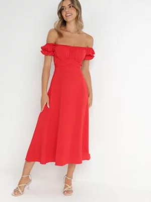 Czerwona Sukienka Midi z Dekoltem Carmen i Bufiastymi Rękawkami Amarhis