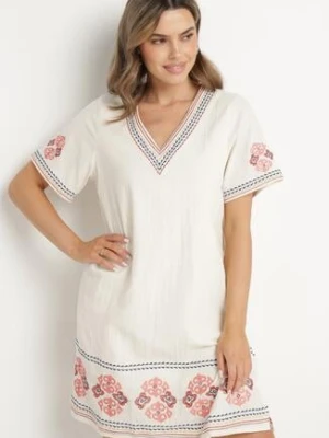 Czerwona Sukienka Bawełniana o Pudełkowym Fasonie Ozdobiona Haftami Tirkio rosa