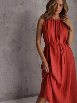 Czerwona Sukienka Bez Rękawów z Wiskozy z Ozdobnym Dekoltem i Wiązaniem w Talii Azeira cflo