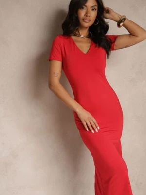 Czerwona Sukienka Bodycon o Dopasowanym Kroju z Dekoltem w V Efrerina by swan