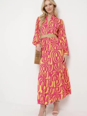 Różowo-Żółta Sukienka Długa Rozkloszowana w Geometryczny Print o Koszulowym Kroju Verdana