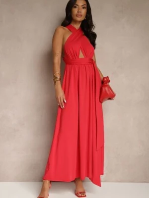 Czerwona Sukienka Koktajlowa Multiway z Wiskozą Wiązana na Szyi Lilovea by swan