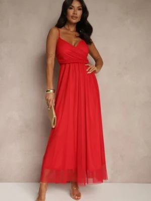 Czerwona Sukienka Koktajlowa Ozdobiona Tiulowym Materiałem Deviora lovery