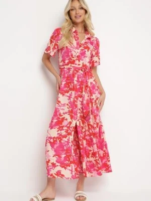 Czerwona Sukienka Koszulowa z Krótkim Rękawem i Materiałowym Paskiem w Kwiaty Moaveere retro & icone