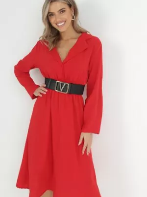 Czerwona Sukienka Koszulowa z Marszczoną Gumką w Talii Emonia