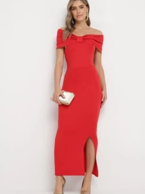 Czerwona Sukienka Maxi Bez Ramiączek z Ozdobną Kokardą i Rozcięciem Marigore messaya