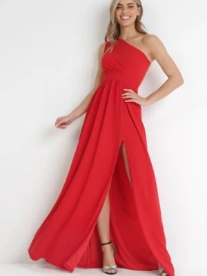 Czerwona Sukienka Maxi Na Jedno Ramię z Rozcięciem na Dole Jasminta