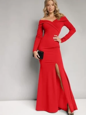 Czerwona Sukienka Maxi z Dekoltem Carmen i Rozcięciem Onemta messaya