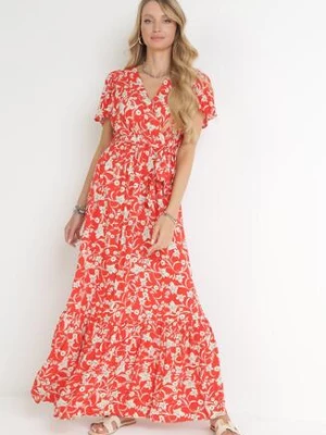 Czerwona Sukienka Maxi z Gumką w Pasie w Kwiaty Aretocia