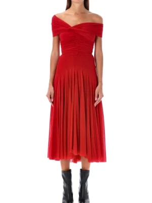 Czerwona Sukienka Midi z Marszczeniami Philosophy di Lorenzo Serafini