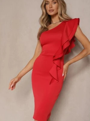 Czerwona Sukienka na Jedno Ramię z Falbaną Lenoska messaya