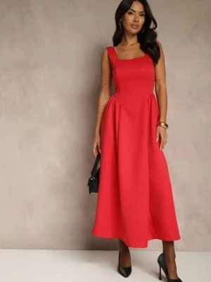 Czerwona Sukienka o Rozkloszowanym Kroju na Szerokich Ramiączkach Retelina