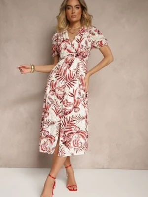 Czerwona Sukienka o Rozkloszowanym Kroju z Dekoltem w Serek w Roślinny Print Evilessa rosa