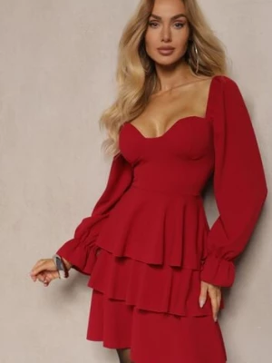 Czerwona Sukienka o Rozkloszowanym Kroju z Falbanami i Bufiastymi Rękawami Semiella fashion