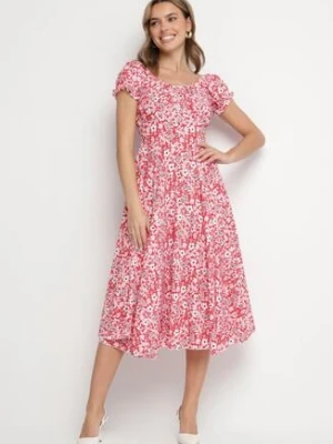 Czerwona Sukienka Rozkloszowana w Kwiaty z Bawełną i Bufkami Sanirla wei wei