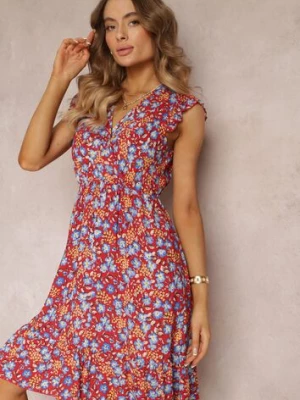 Czerwona Sukienka Rozkloszowana w Kwiaty z Wiskozy Selesima rosita