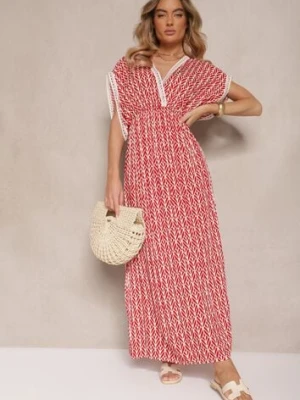 Czerwona Sukienka Rozkloszowana z Bawełny Wykończona Koronką Lanadria defox