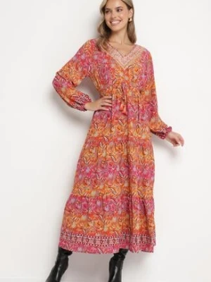 Czerwona Sukienka Rozkloszowana z Falbanką w Print Paisley Kapiss