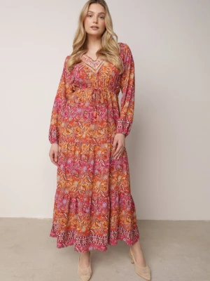 Czerwona Sukienka Rozkloszowana z Falbanką w Print Paisley Kapiss
