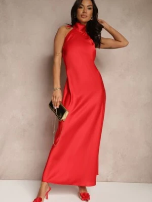 Czerwona Sukienka Satynowa z Dekoltem Halter i Odkrytymi Plecami Belas allyson